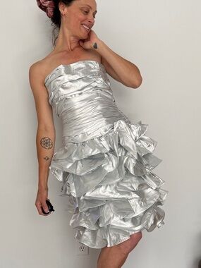 Vintage after five Shimmer Strapless Silver Ruffle Prom Dress